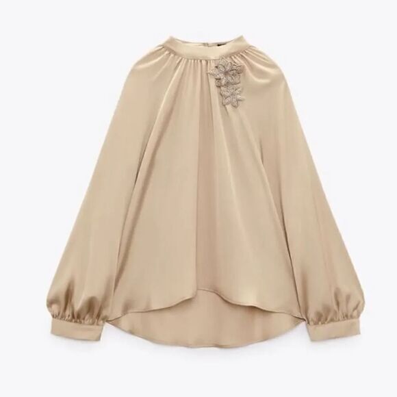 ZARA SATIN TOP WITH FLORAL APPLIQUÉ - Picture 7 of 10